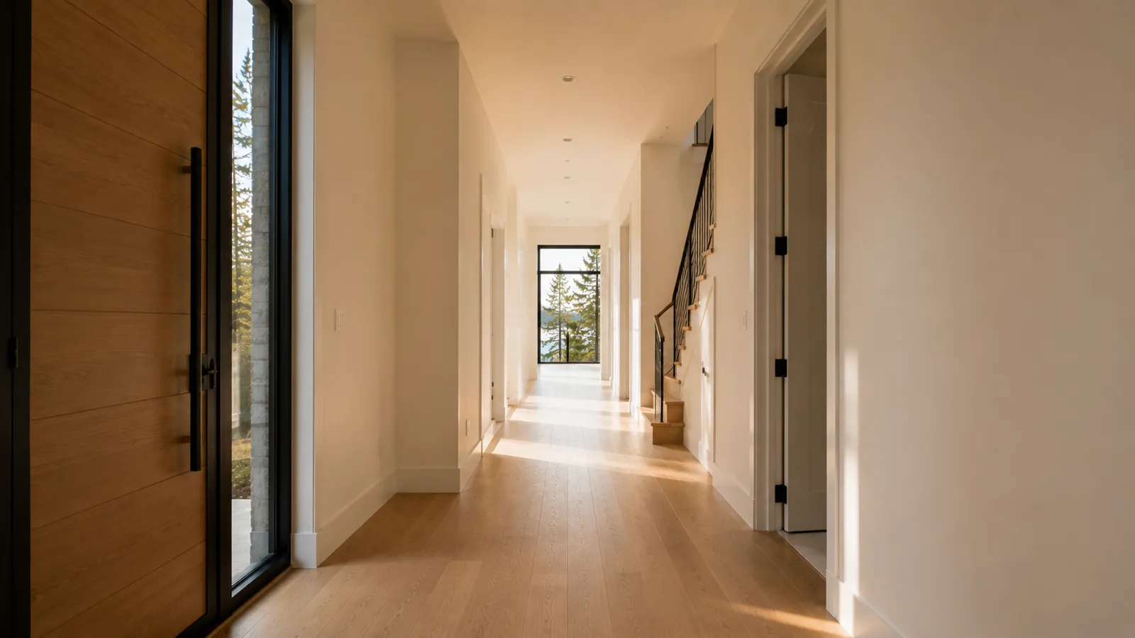Empty hallway in a clean Edmonton home, sunlight raking down bare wood floors toward the front door