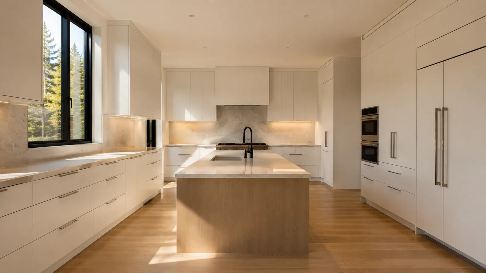 Spotless empty kitchen in an Edmonton home with bare counters and clean cabinetry